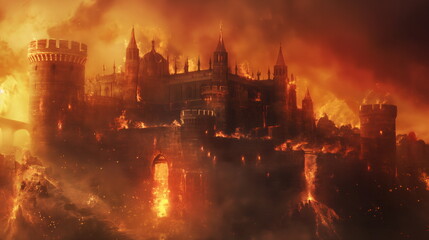 Fototapeta na wymiar Flames engulf a besieged stronghold, casting an eerie glow over the battlefield