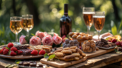 15. Chocolate-Themed Picnic: A picturesque outdoor setting provides the backdrop for a romantic picnic spread featuring an array of chocolate-infused delicacies, from truffle-stuff