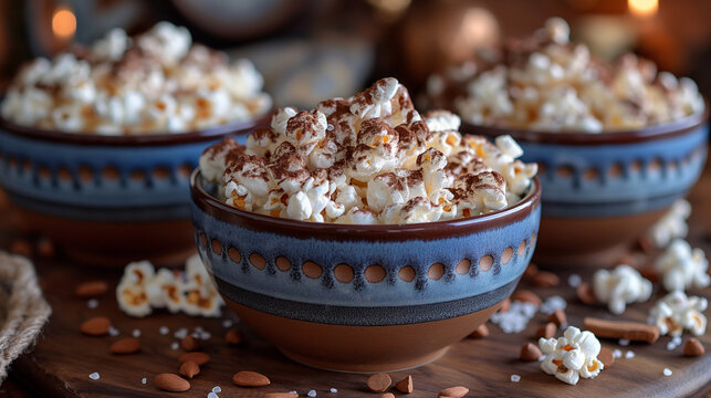 17. Chocolate-Covered Popcorn Delight: A cozy movie night setup features bowls brimming with freshly popped popcorn coated in rich chocolate and sprinkled with sea salt, providing