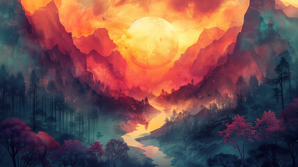 illustration of a fantastical forest landscape, with surreal colors - obrazy, fototapety, plakaty