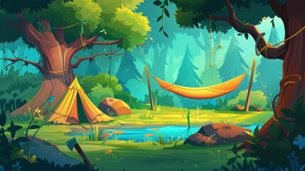 Cartoon adventure illustration with tree silhouette, ax and hammock to rest in hiking holiday. Grill picnic recreation in summer's wild hills. - obrazy, fototapety, plakaty