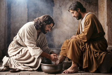 Jesus washing the feet of his disciple. Biblical scene concept.