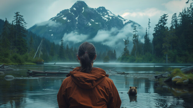portrait of a woman observing a group of grizzly bears fishing for fish in a remote wilderness area