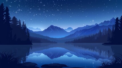 Alps landscape with pond on a snowy mountain ridge at night with moonlight. Blue starry sky with sparkle Swiss nature illustration.