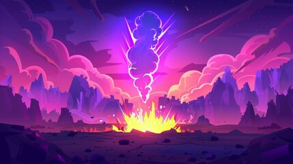 Modern illustration of cartoon purple fire explosion. Bomb boom comic effect illustration. Dynamite explosion graphic banner. Witchcraft black magic artwork. Tornado wind on planet in space dynamic