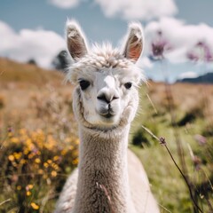 Fototapeta premium The llama grazes contentedly in its zoo enclosure, its woolly coat and gentle demeanor captivating visitors with its charm and uniqueness.