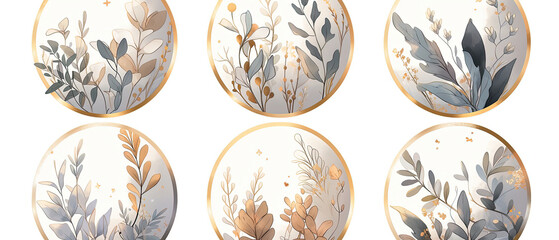 four oval paintings of flowers and leaves painted on a white surface