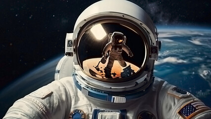 Happy Cosmonautics Day. An astronaut wearing a spacesuit in outer space. A breathtaking view of the...