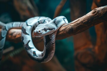 A large snake effortlessly coils on a tree branch in a vivid display of strength and grace - obrazy, fototapety, plakaty