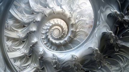Ethereal Fractal Art Spiral in Monochromatic Tones