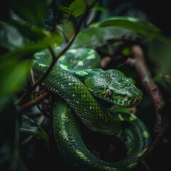 Obraz premium The green snake coils gracefully on a tree branch, blending seamlessly with its verdant surroundings, a symbol of nature's camouflage and serpentine elegance.