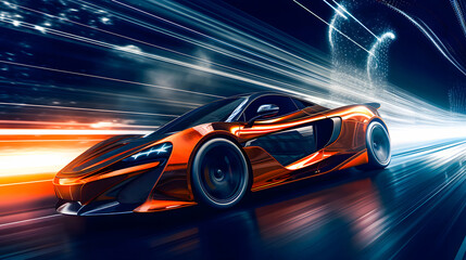 Naklejka premium sports car riding on highway road. Car in fast motion. Fast moving supercar on the street. 3d illustration