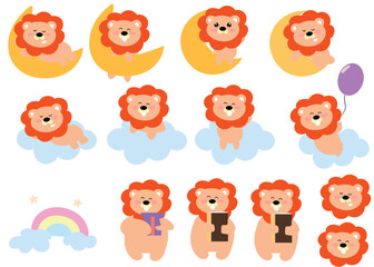 set of adorable kawaii baby lion variant gesture. zoo collection. Farm.Happy.Smile face.Isolated.Kawaii.Vector.Illustration. for invitation card, templates