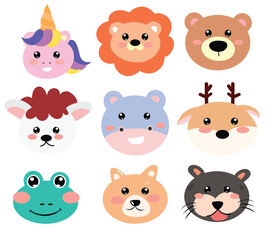 set of adorable kawaii baby zoo collection. Farm.Happy.Smile face.Isolated.Kawaii.Vector.Illustration. for invitation card, templates