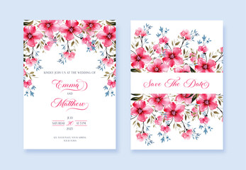 Elegant wedding invite with pink flowers on white background