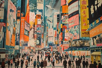 A cybernetic metropolis with towering skyscrapers. busy road and a diverse population of humans and robots living and working together in harmony.