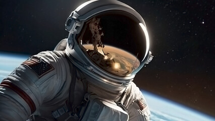 Happy Cosmonautics Day. An astronaut wearing a spacesuit in outer space. A breathtaking view of the planet Earth. An image created with the help of artificial intelligence. - obrazy, fototapety, plakaty