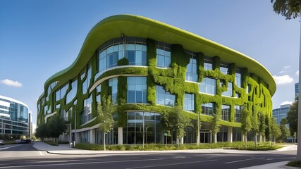 The exterior of a corporate building with green certification, exhibiting energy efficiency and sustainable architecture within a contemporary urban environment. environmentally friendly, sustainable 