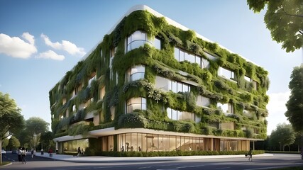 Eco-friendly construction With live green walls and water-saving features, the façade is constructed from recyclable materials. environmentally friendly, sustainable construction. Eco-friendly buildin - obrazy, fototapety, plakaty