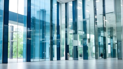 The modern office building's blurry glass wall serves as the backdrop for the company concept at the business center. blur the office of corporate business. Blue-colored, abstract windows - obrazy, fototapety, plakaty