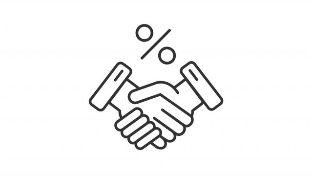 Discount agreement line animation. Animated handshake and percentage symbol icon. Business deal. Mutual benefit. Black illustration on white background. HD video with alpha channel. Motion graphic