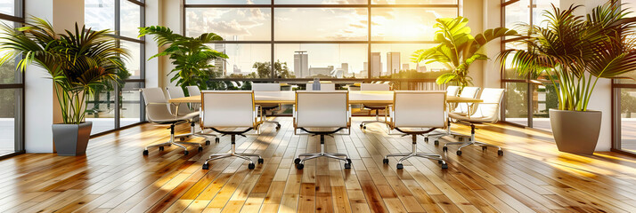 Spacious and Bright Modern Office, Minimalistic Design with Panoramic Windows and City View