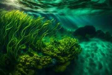a serene seabed panorama with vibrant seagrasses swaying in the underwater currents.