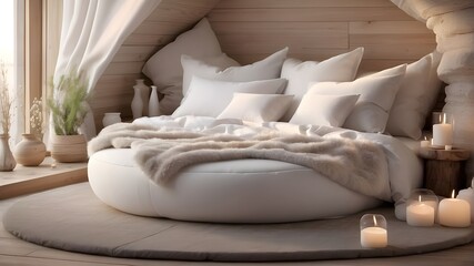 Fototapeta na wymiar cozy bed inside with plush white pillows