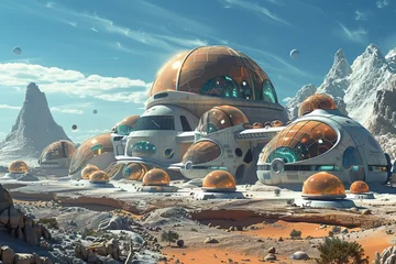 Foto op Canvas A distant space colony with domed habitats, hydroponic farms, and a thriving community of settlers carving out a new life on the frontiers of human civilization © Thi