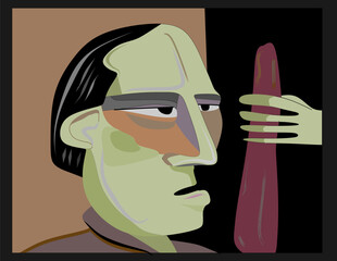 A stylized representation of a profile of a male figure with distinctive facial features holding up a brown club. The man's face is depicted in various shades of green and gray - 787939524