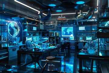 High-tech laboratory filled with advanced equipment Holographic display and scientists who conduct groundbreaking experiments in the pursuit of knowledge and discovery. - obrazy, fototapety, plakaty