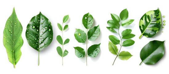 Collection of green tree leaves and branches with raindrops on a white background - Powered by Adobe