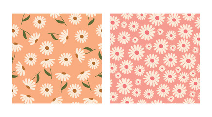 Set of floral seamless backgrounds. Delicate cute flowers in peach tones.