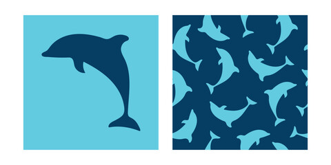 Seamless pattern with dolphins on a blue background.