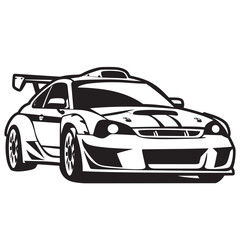 Rallying racing car vector illustration in black and white