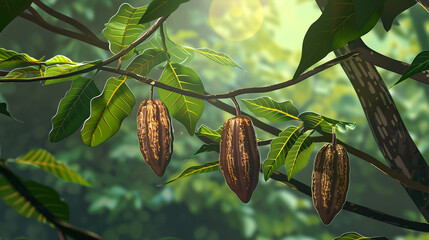 Stylized 3D vector of a cacao tree branch, pods hanging with a detailed look at the bark and leaves, realistic forest setting, - obrazy, fototapety, plakaty