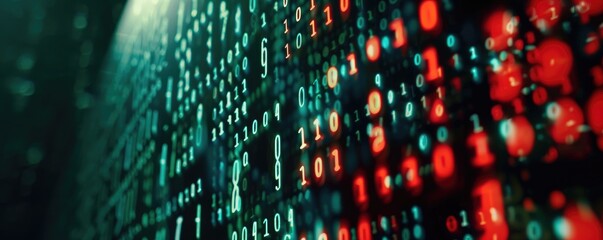 Red and blue digital LED panel displaying numbers and data, an abstract concept of data analytics, network, and computing