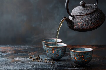 Traditional Asian tea set with iron teapot and ceramic cups pouring tea Dark background with space for text