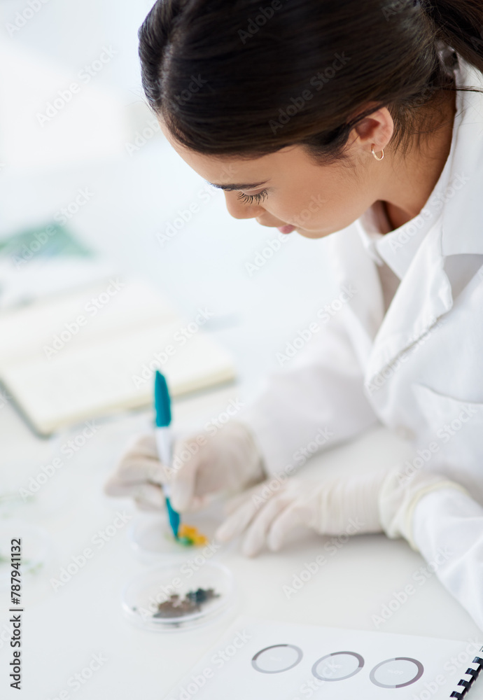 Poster research, writing and woman or scientist with pen to label petri dish for identification or analysis