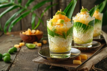 Traditional Indonesian iced dessert with jackfruit made from rice flour palm sugar coconut milk and pandanus leaf Enjoyed during Ramadan