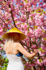 portrait of a blonde woman with a Japanese hat next to a blooming cherry tree.