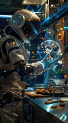 Illustrate a futuristic culinary landscape with a side view of a robotic sous-chef preparing a dish with precision and innovation Explore the intersection of technology and gastronomy through unexpect