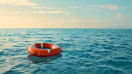 Single orange lifebuoy afloat in vast blue ocean. Symbol of hope, help, and safety. Ideal for travel and insurance concepts. Calm seascape, lifeguard equipment. AI