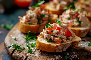 Tuna pate and fish rillettes on bruschetta focused