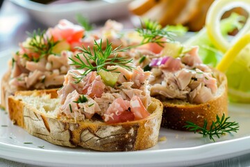 Tuna pate bruschetta fish rillettes sandwich on plate focus on white