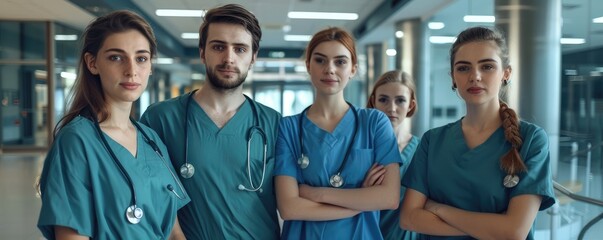 Obraz premium A trio of healthcare professionals in scrubs with stethoscopes in a hospital corridor