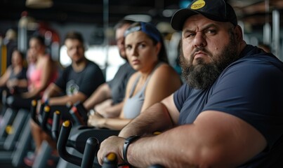 Group of fat or oversize people working out on treadmills at a gym, focused on fitness and leading...