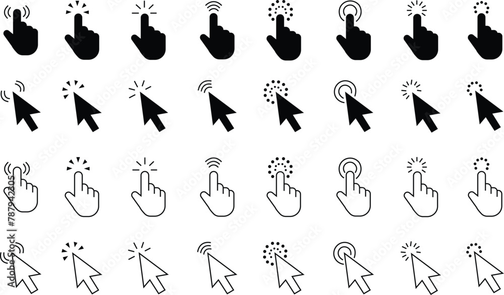 Poster set of computer mouse click cursor icons flat styles with editable stock. load symbols. modern vecto