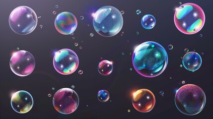 Bubble soap or balloon explodes in air animation sequence. 3D magic foam water with reflection sprite design. Isolated realistic sheet with rainbow shampoo ball explosions in air.