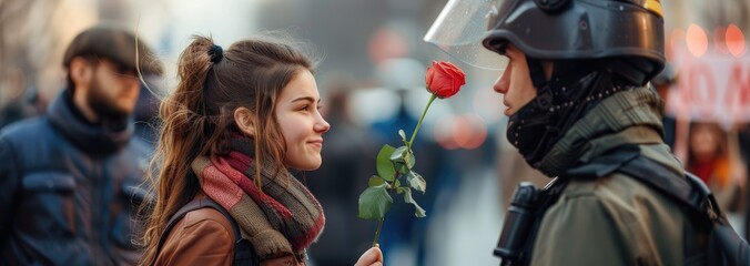 Obraz premium A moment of peace, as a woman gives a rose to a riot police officer during a protest